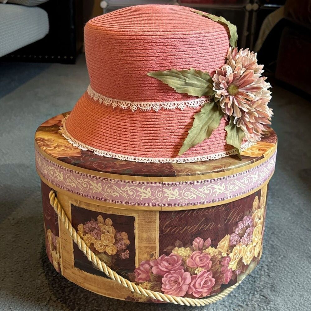 Betmar New York Pink Woven Straw Hat Floral Lace Trim Womens Wide Brim G155